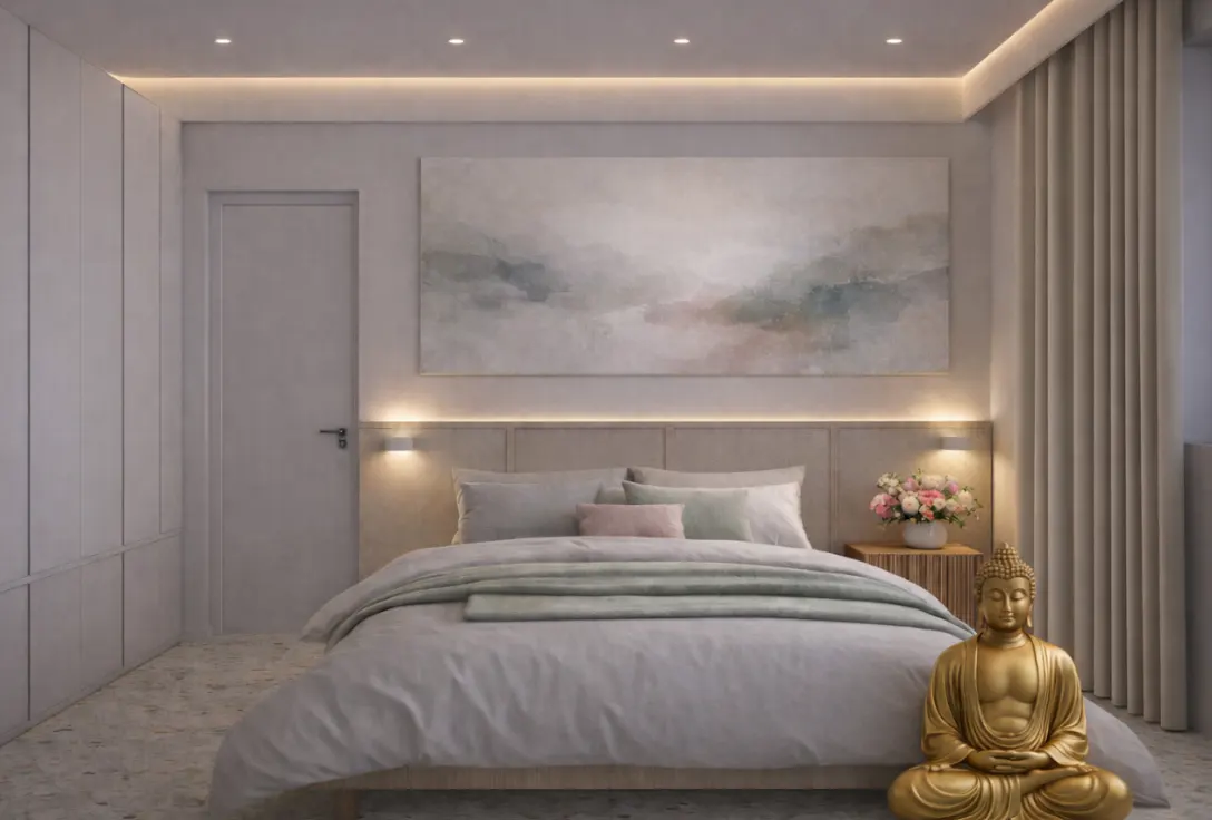 A serene bedroom with a large bed, abstract art, and a golden Buddha statue. Neutral tones create a calming atmosphere.