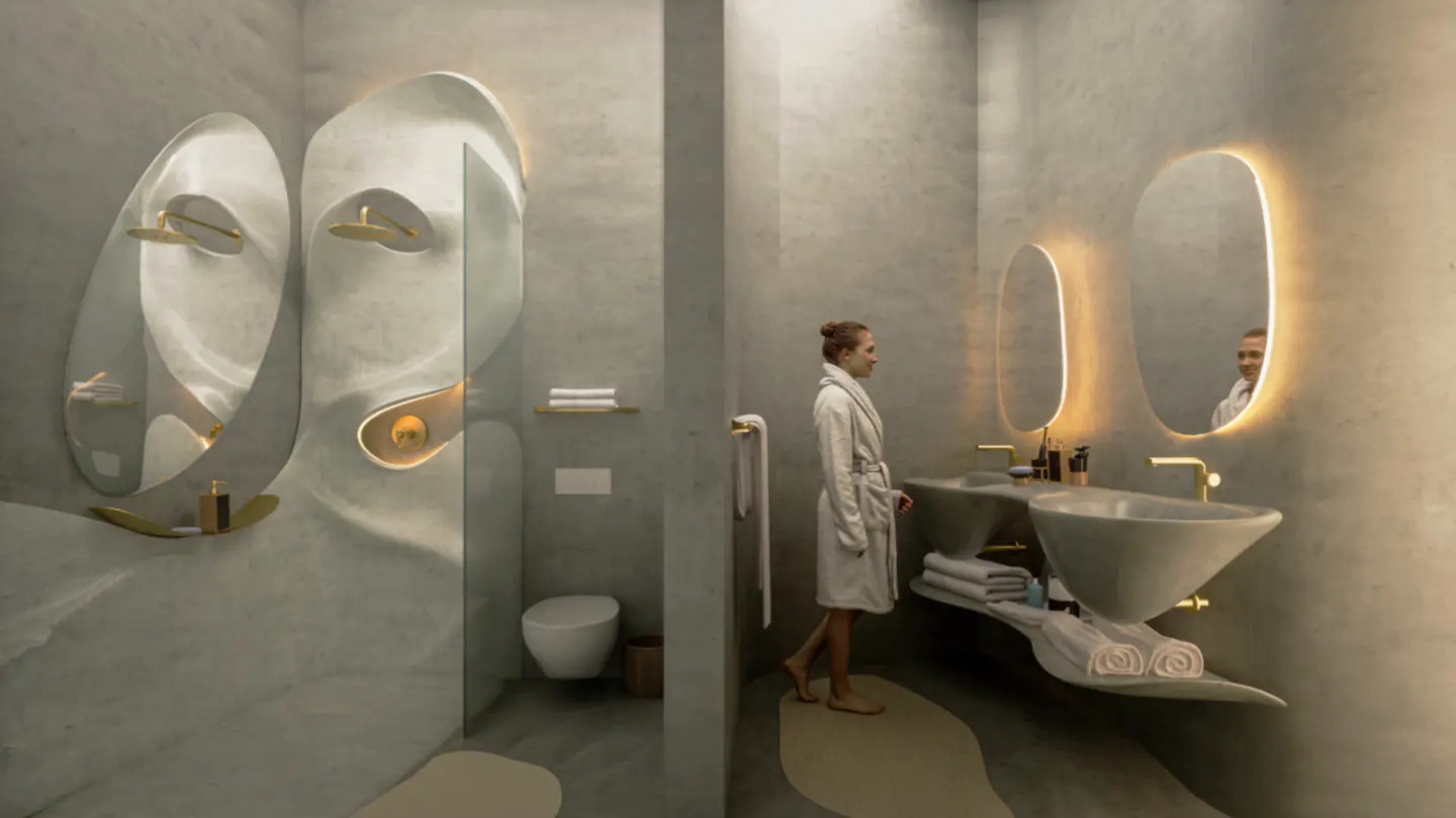 A woman in a robe stands in a modern, gray concrete bathroom with sculptural walls, gold fixtures, and backlit mirrors.