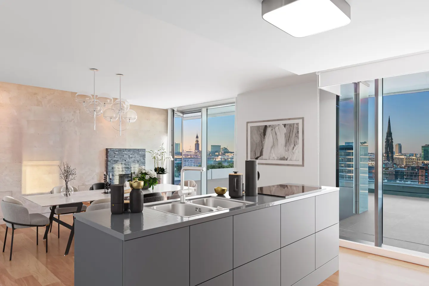 A modern apartment interior with a gray kitchen island, dining area, and a city view through large windows.