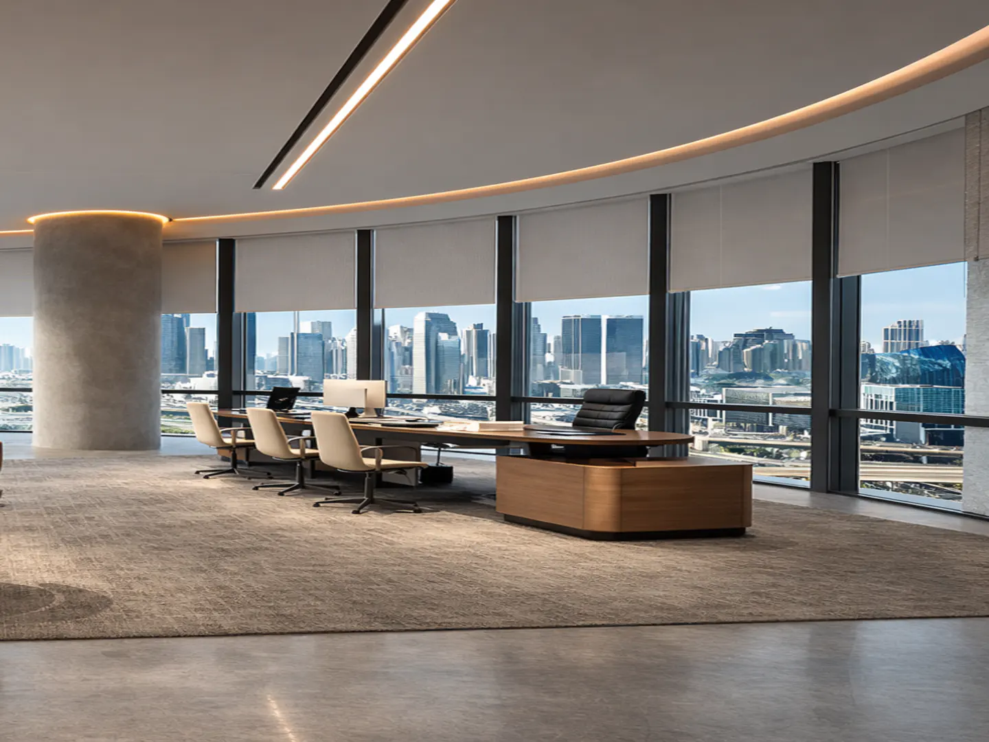 Modern executive office with a curved wooden desk, beige chairs, and floor-to-ceiling windows overlooking a city skyline.