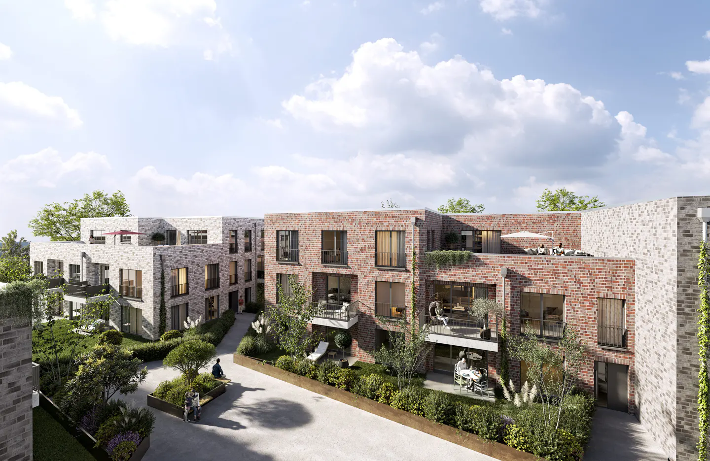 Exterior view of modern brick apartments with balconies and rooftop terrace, surrounded by green landscaping and walkways.