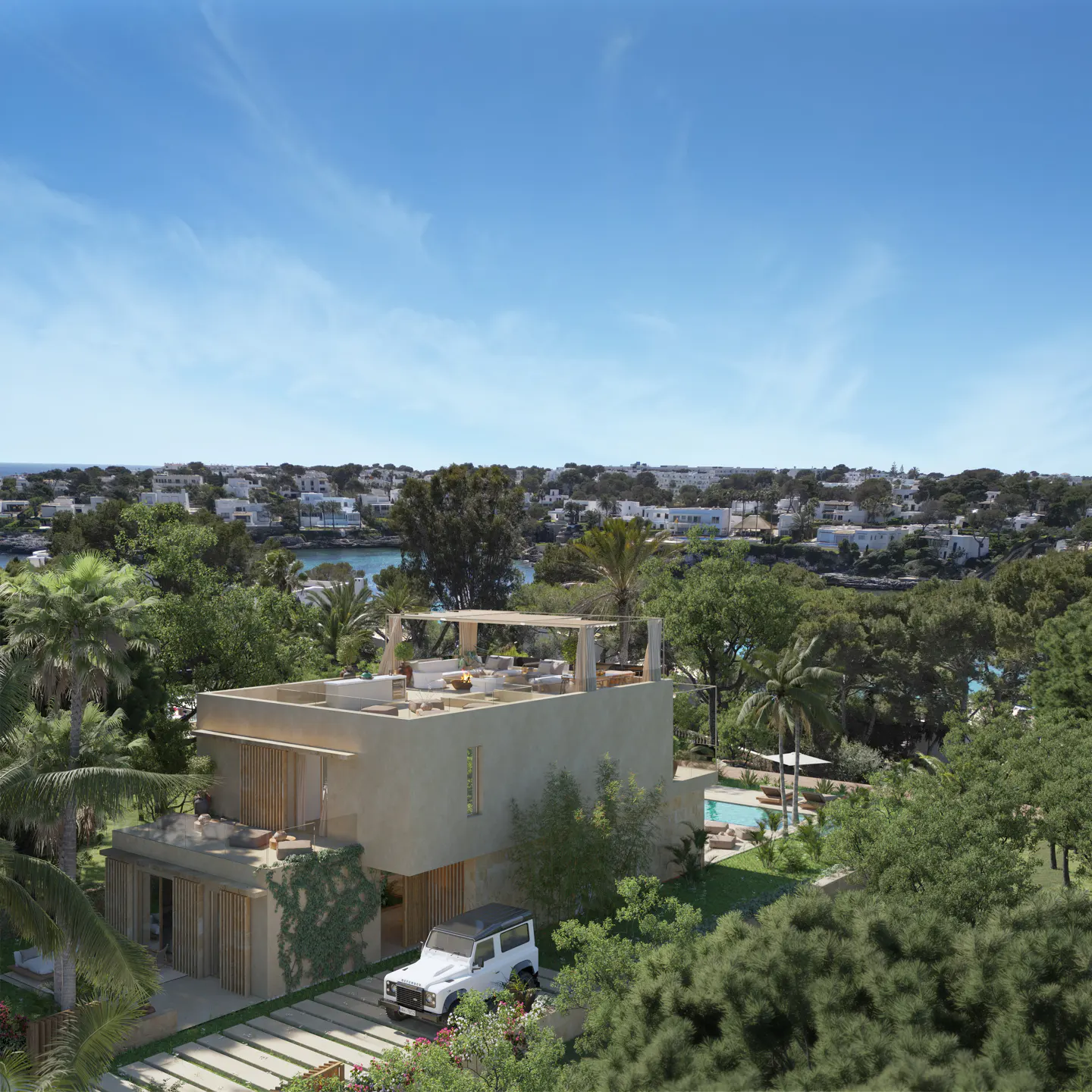 Modern beige villa with a rooftop lounge, pool, and white SUV, surrounded by lush greenery under a clear blue sky.