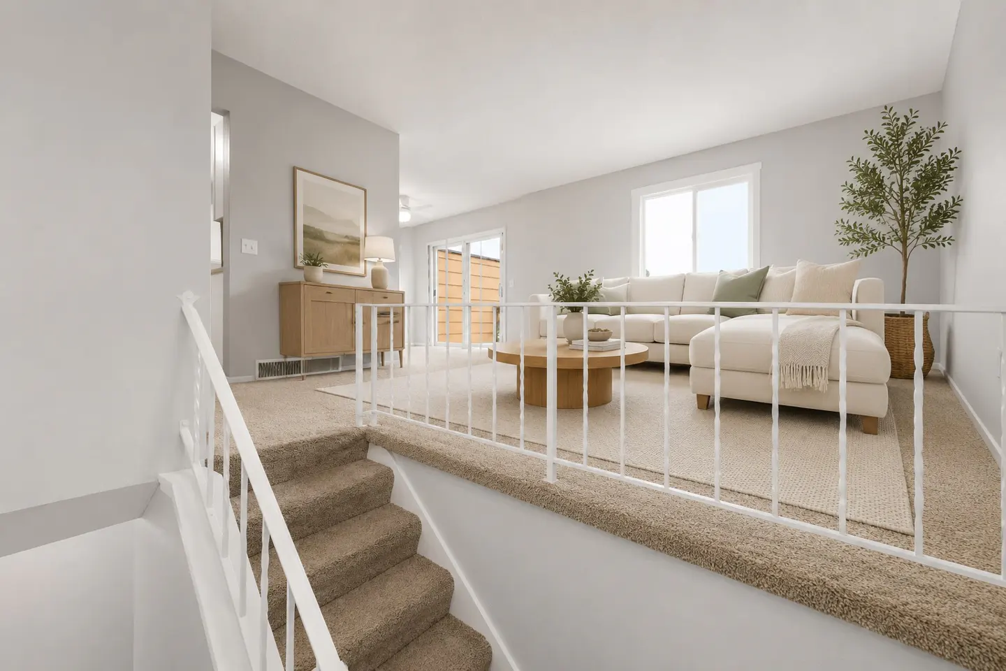 Interior view from stairs of a living room with white sofa, round wood table, and beige carpet. White railing in foreground.