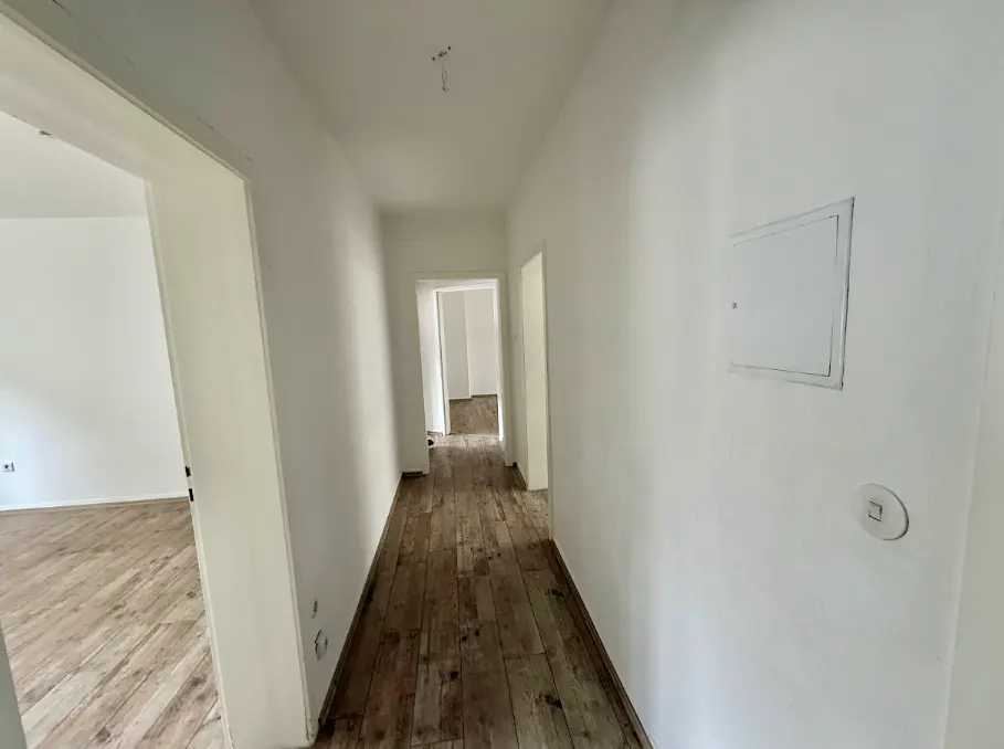 A bright hallway with white walls and dark wood floors leads to other rooms. A white access panel is on the right wall.