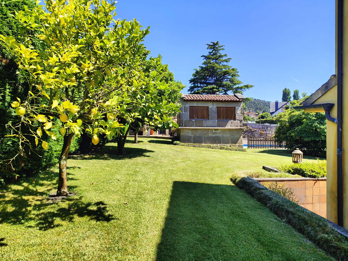 A lush green lawn with a lemon tree in the foreground, leading to a stone outbuilding under a clear blue sky.
