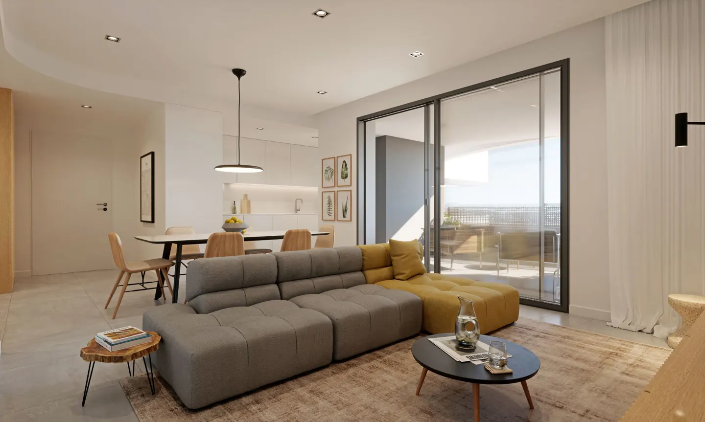 Modern living room with a grey and mustard sectional sofa, round coffee table, and dining area with light wood chairs.