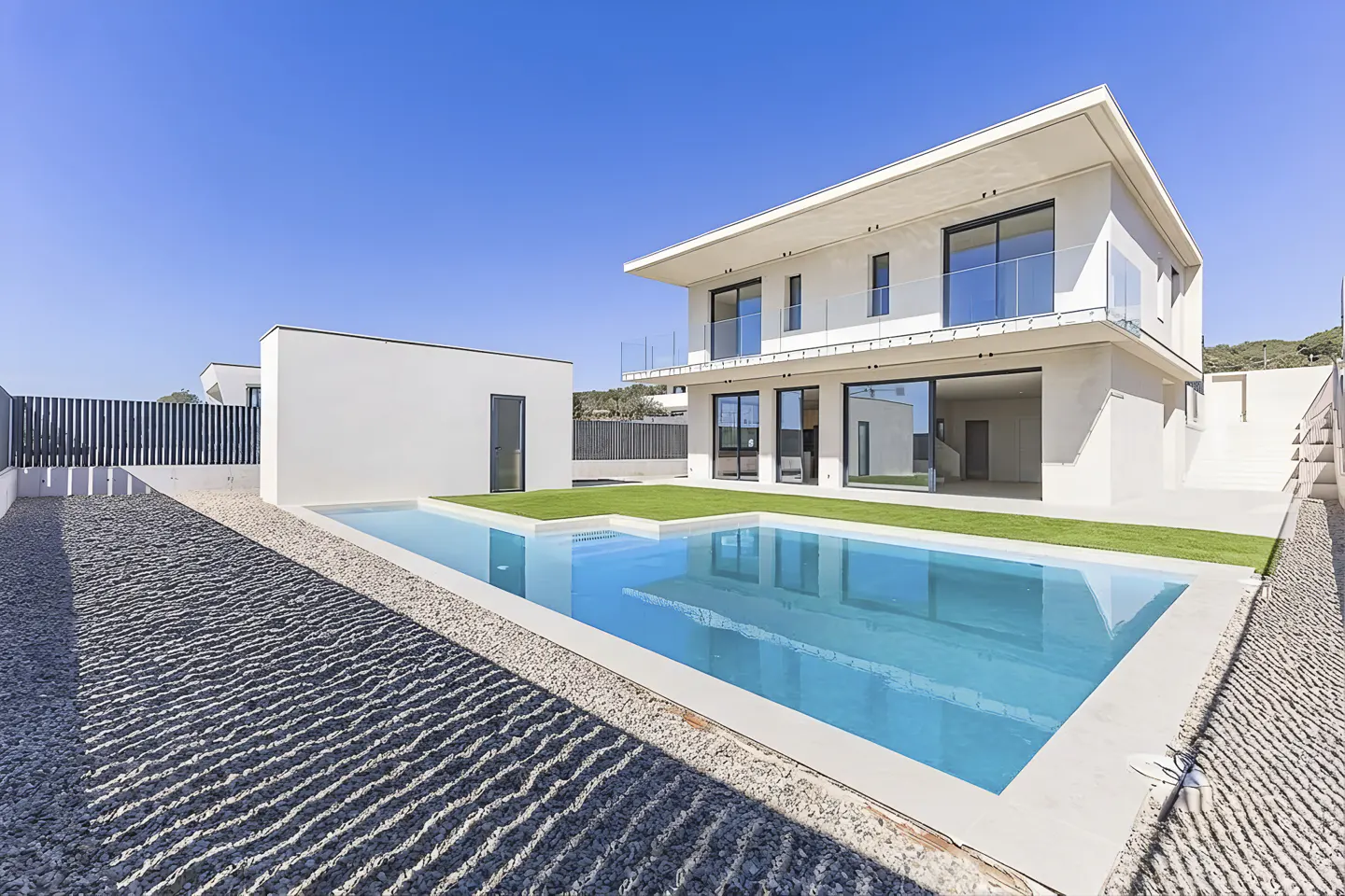 Modern two-story white house with a blue swimming pool and gravel landscaping under a clear blue sky.