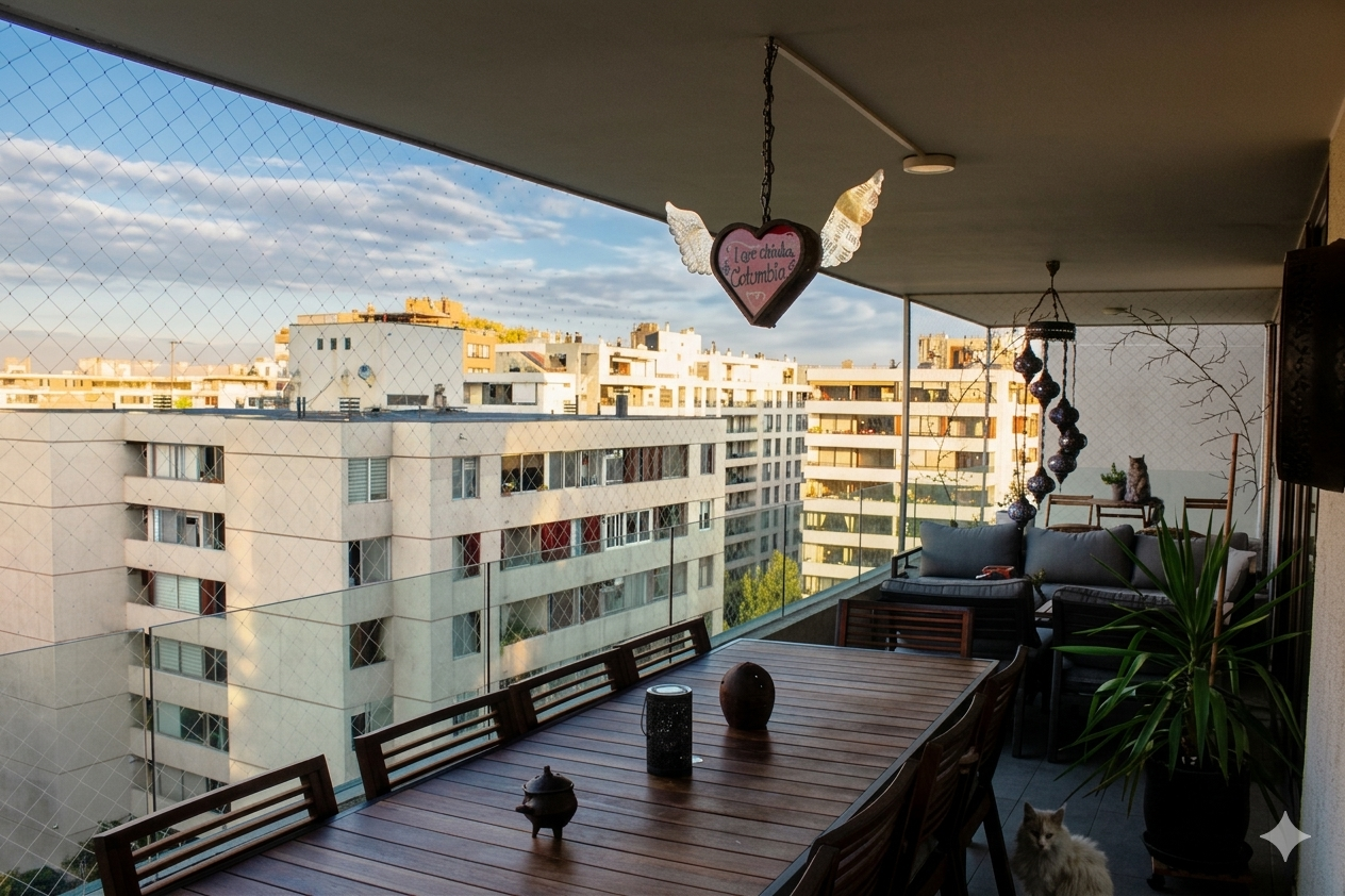 A balcony view with a long wooden table, seating area, and city buildings in the background. A heart-shaped decoration hangs above the table. A cat sits on the floor.