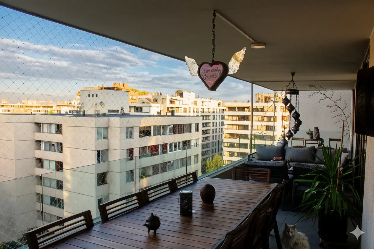 A balcony view with a long wooden table, seating area, and city buildings in the background. A heart-shaped decoration hangs above the table. A cat sits on the floor.