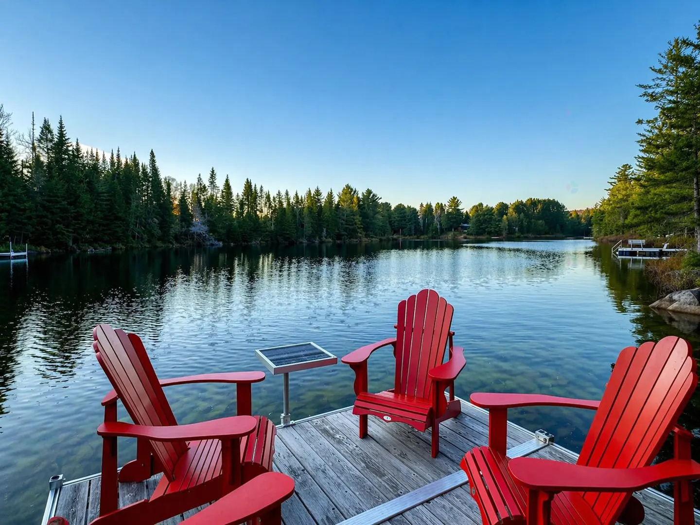 Four red Adirondack chairs on a wooden dock overlooking a calm lake surrounded by green trees under a blue sky.