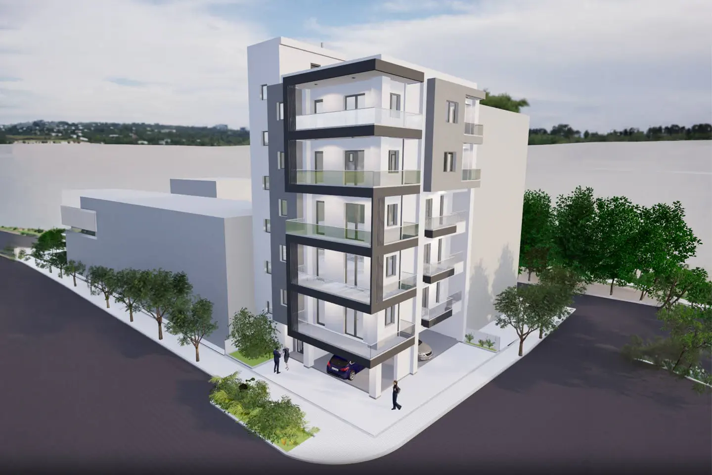 A modern, multi-story apartment building with white and dark gray exterior, glass balconies, and ground-level parking.