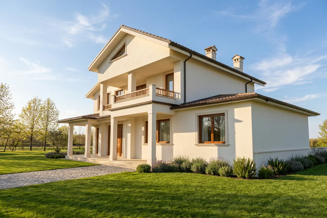 Two-story cream house with brown trim, a balcony, and a green lawn under a blue sky.
