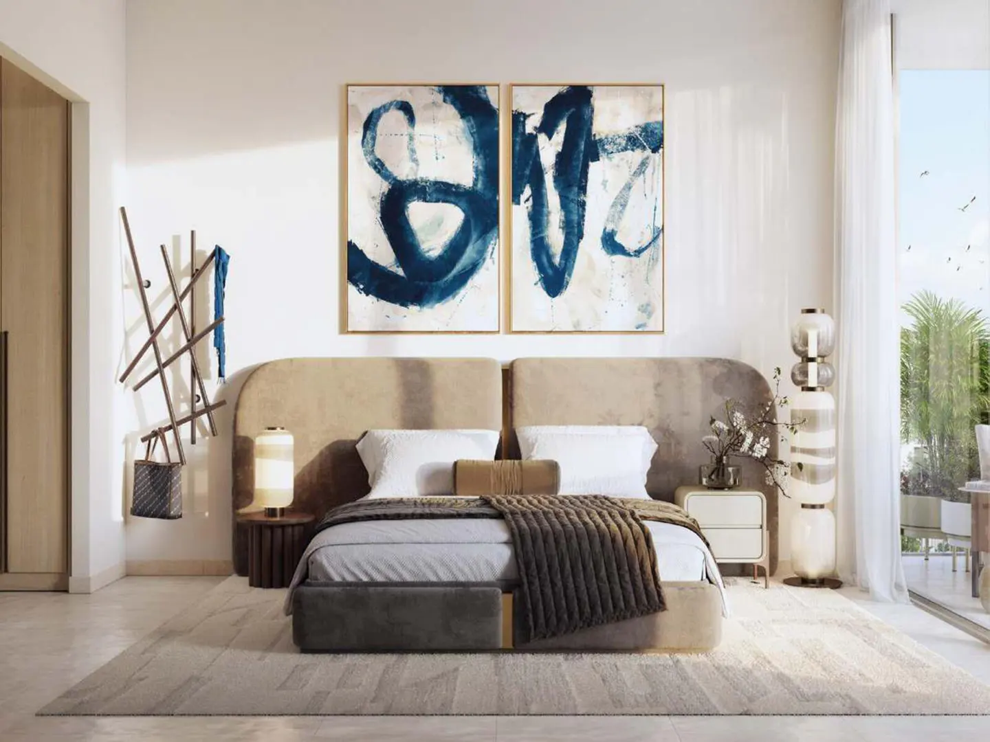 A modern bedroom with a large bed, white linens, and blue abstract art above the headboard. A sliding glass door leads to a balcony.