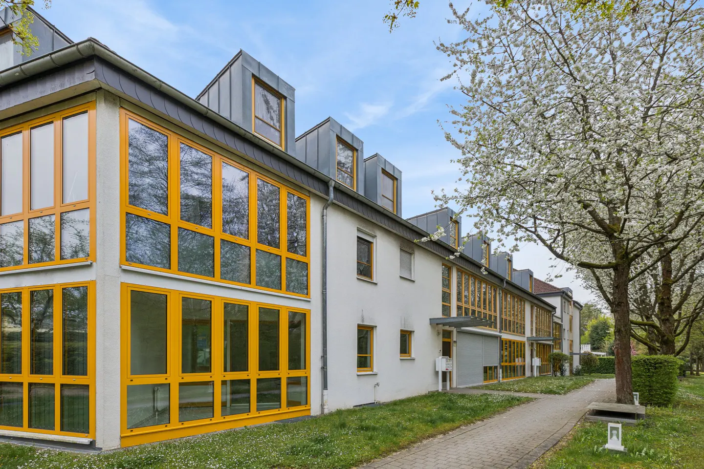 Exterior view of a white two-story building with yellow window frames and a gray roof, next to a blooming tree.