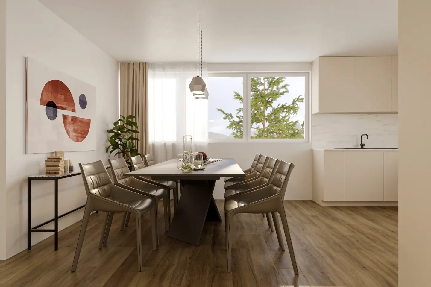 A modern dining room with a gray table, tan leather chairs, and a large window with a tree view.