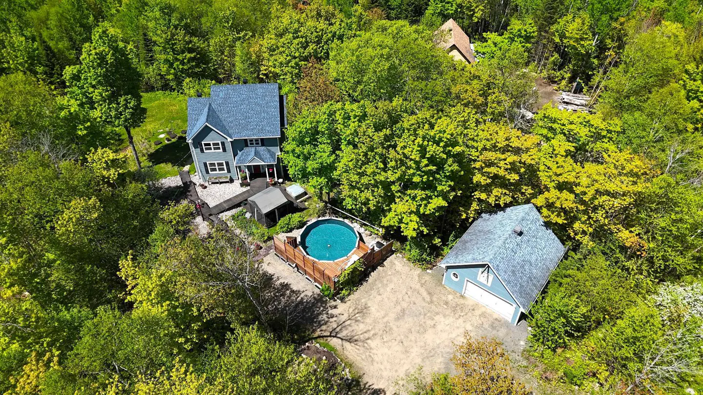 Aerial view of a blue house with a pool and garage surrounded by green trees.
