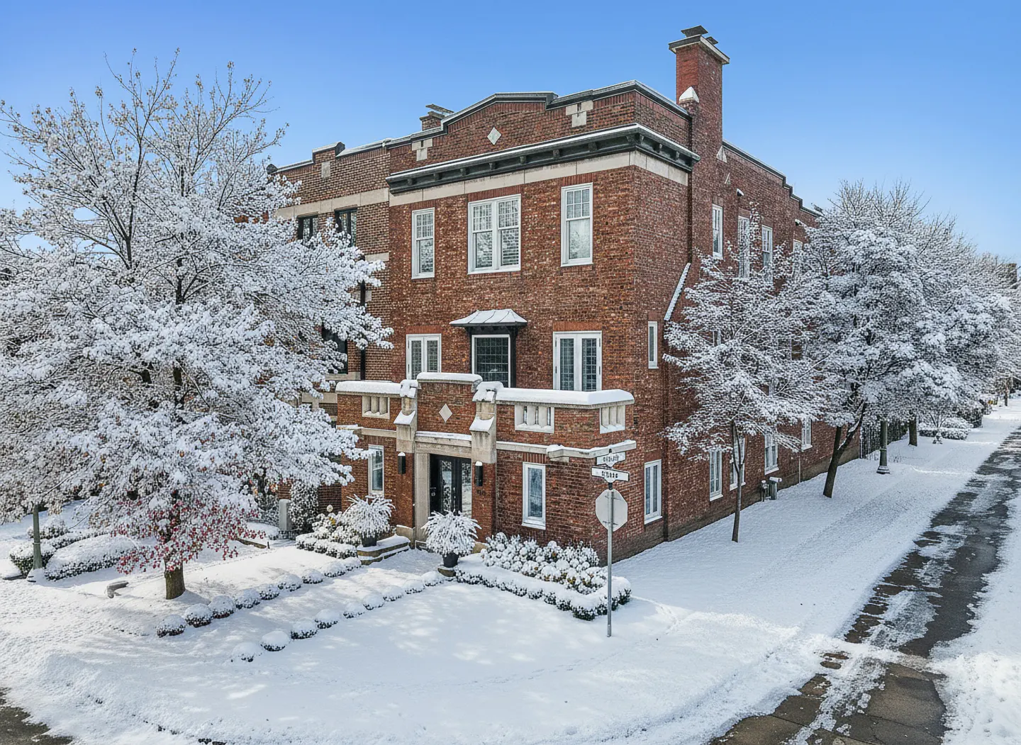 A three-story brick apartment building with snow-covered trees and grounds under a blue sky.