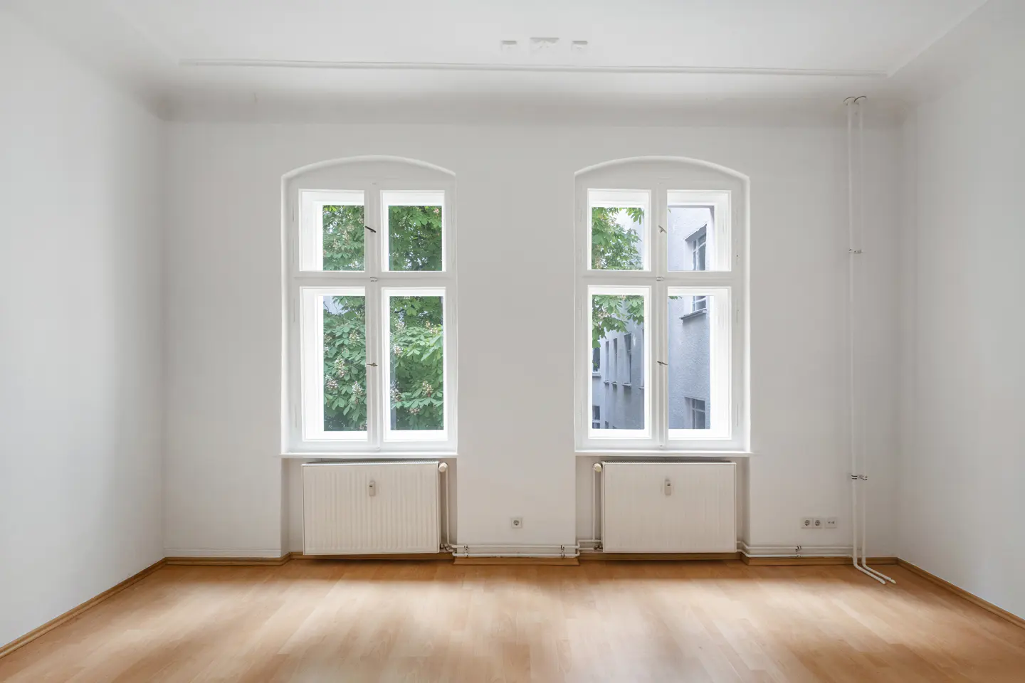 Empty room with white walls, light wood floors, two arched windows, and white radiators beneath each window.