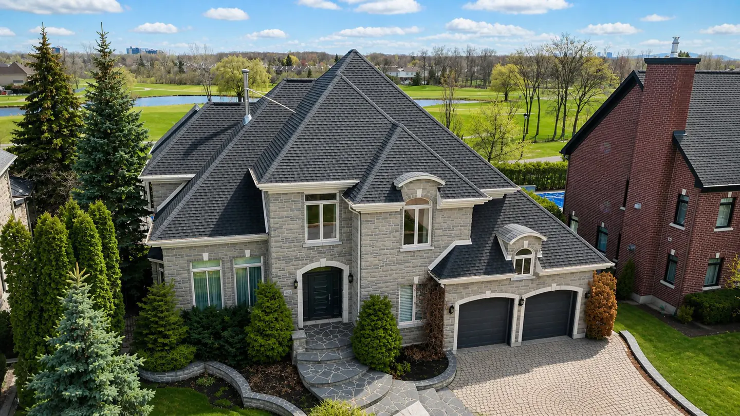 Two-story stone house with a dark gray roof, two-car garage, and a stone walkway leading to the front door. Green trees and lawn surround the house.