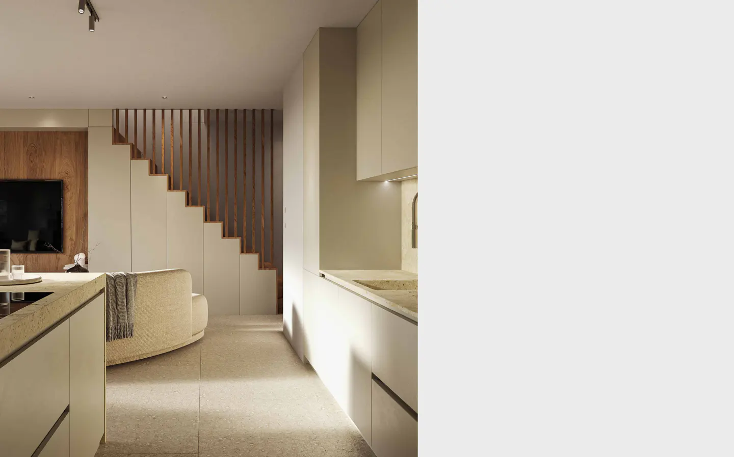 A modern, open-concept living space with a kitchen island, beige sofa, and staircase with wooden slats. The color palette is neutral and warm.