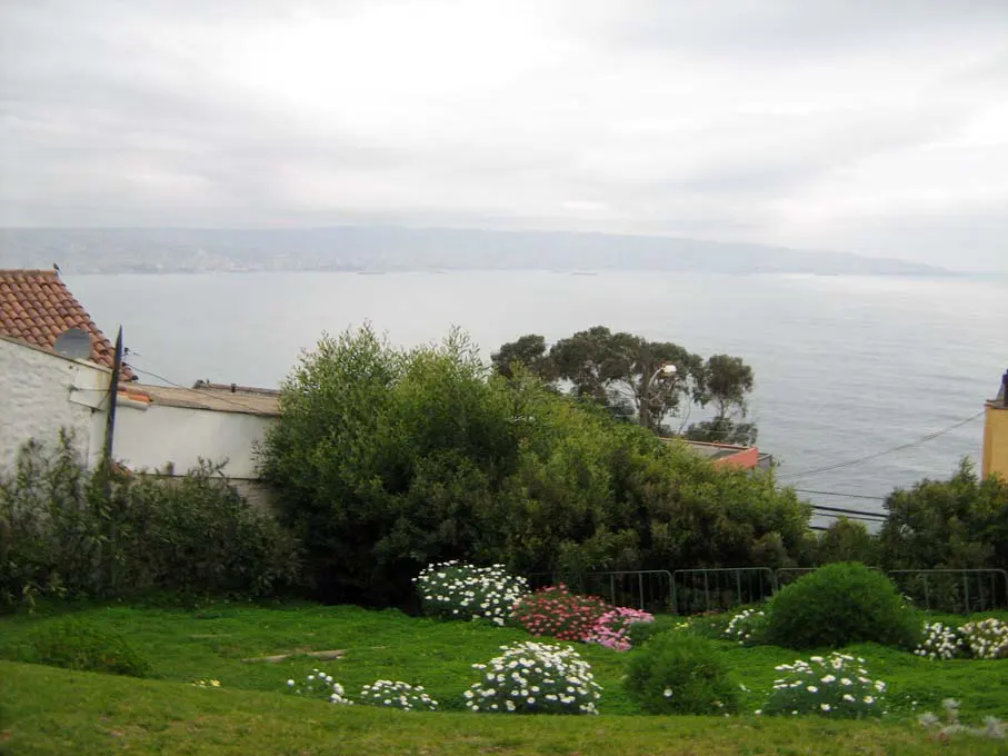 View of the ocean from a grassy hill with white and pink flowers, green bushes, and buildings under a cloudy sky.
