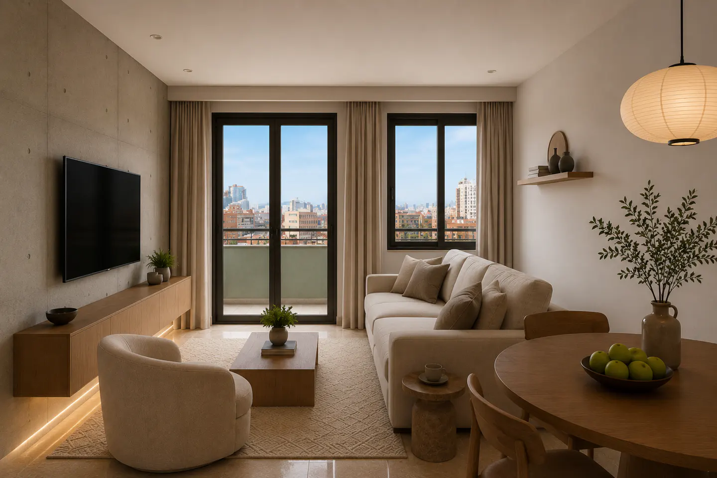 Modern living room with a beige sofa, armchair, wooden coffee table, and dining area, featuring a city view through windows.
