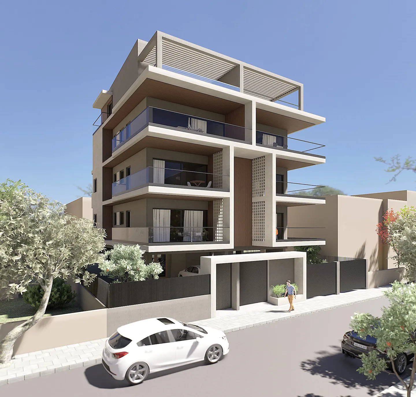 A modern, four-story apartment building with balconies and a rooftop terrace, cars parked on the street, and a person walking on the sidewalk.