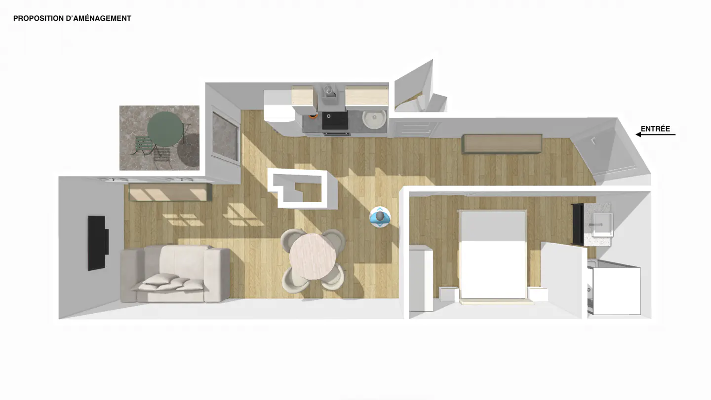 Floor plan of a studio apartment with a living area, kitchen, dining table, and bedroom. The floors are light wood. There is a small balcony.