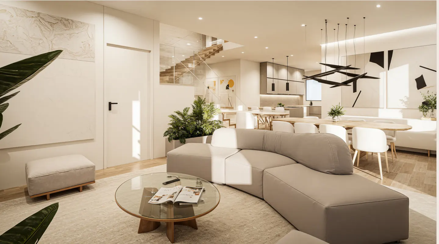Modern open-plan living area with a beige sectional sofa, glass coffee table, dining space, and staircase in the background.