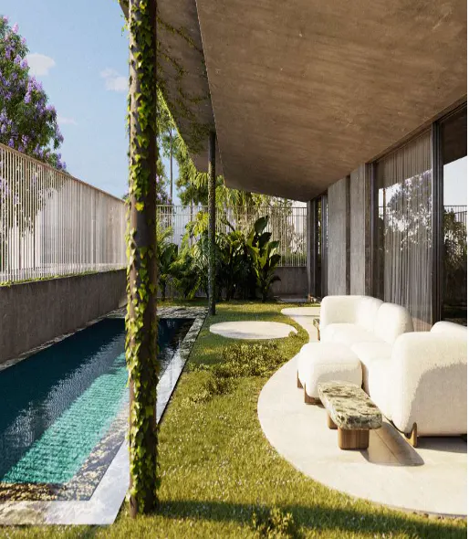 Modern home exterior with a pool, white sofa, and lush greenery. A vine-covered column adds a natural touch.