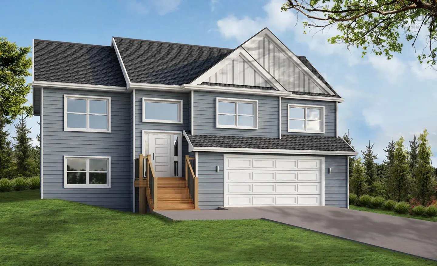 Two-story house with gray siding, white trim, and a dark gray roof. A white garage door and wooden steps lead to the front door. Green lawn and trees surround the house.