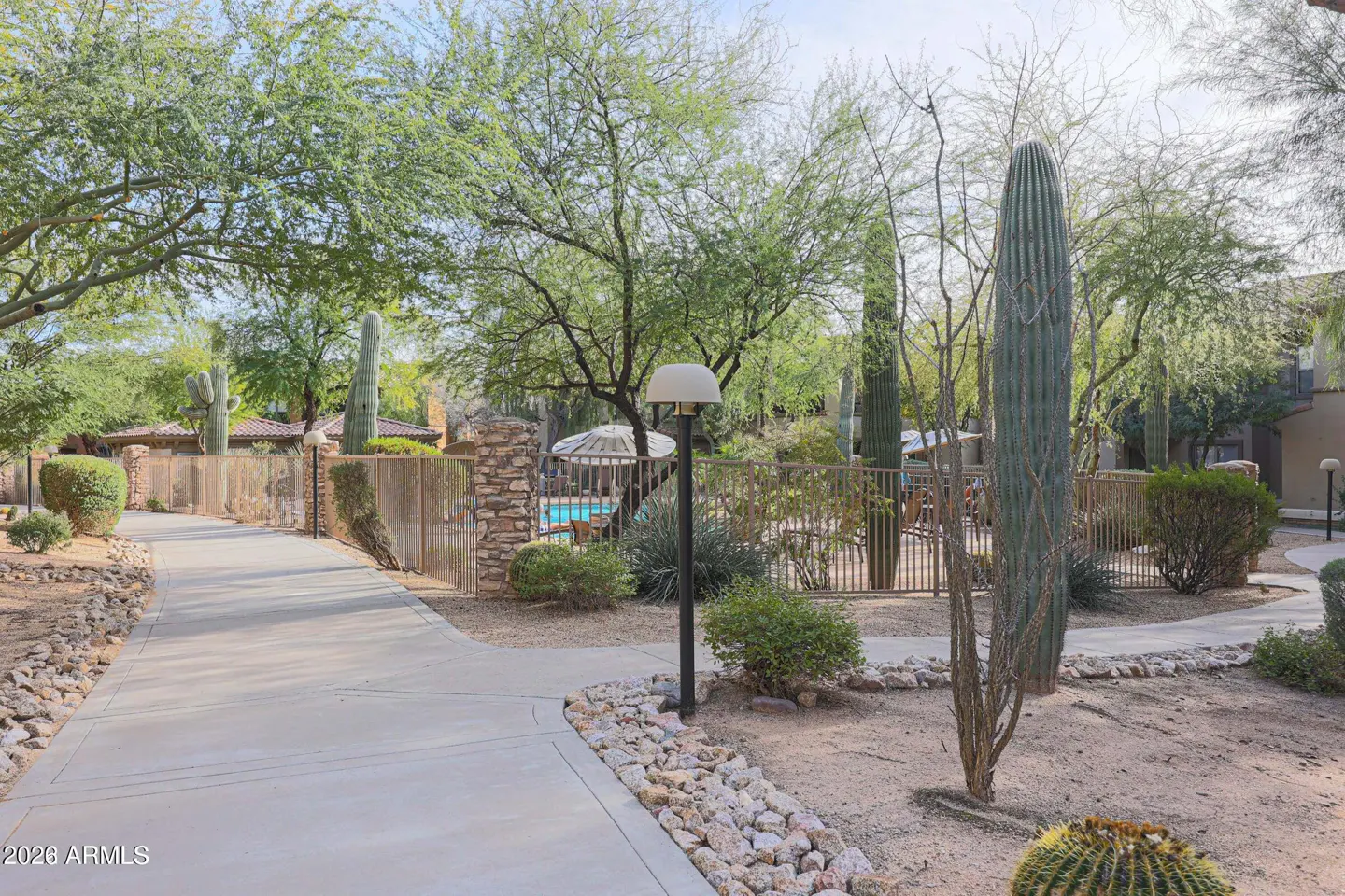 Exterior view of a desert landscape with a concrete walkway, cacti, and a pool area with a white umbrella.