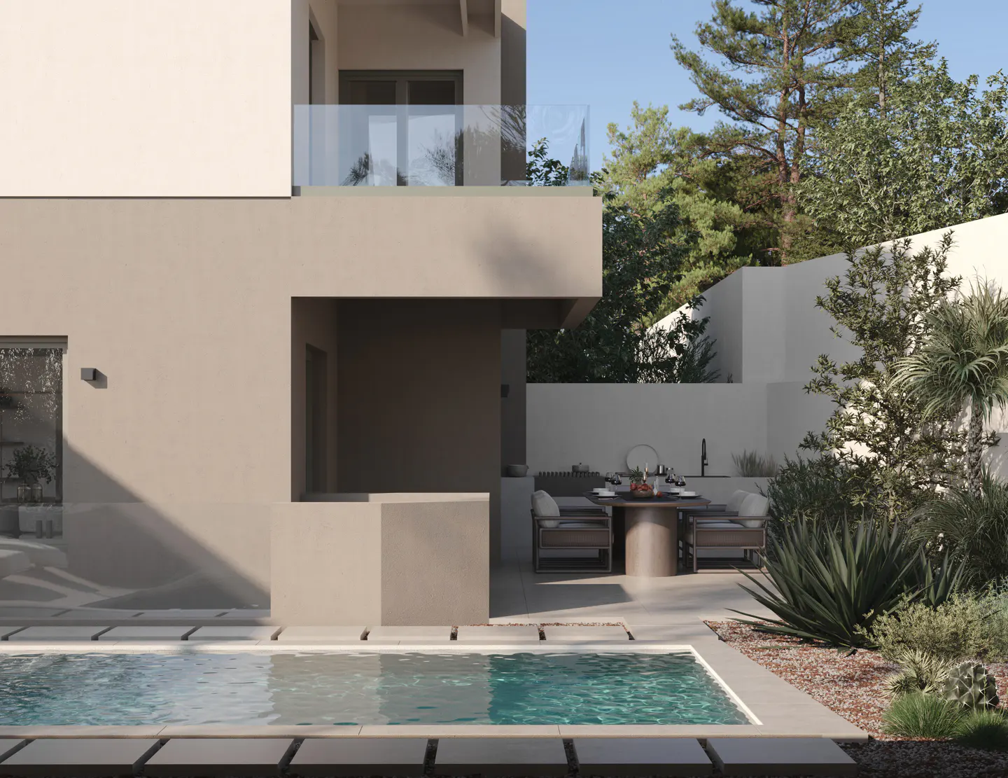 Modern home exterior with a pool, patio dining set, and lush landscaping. The building is beige and white.