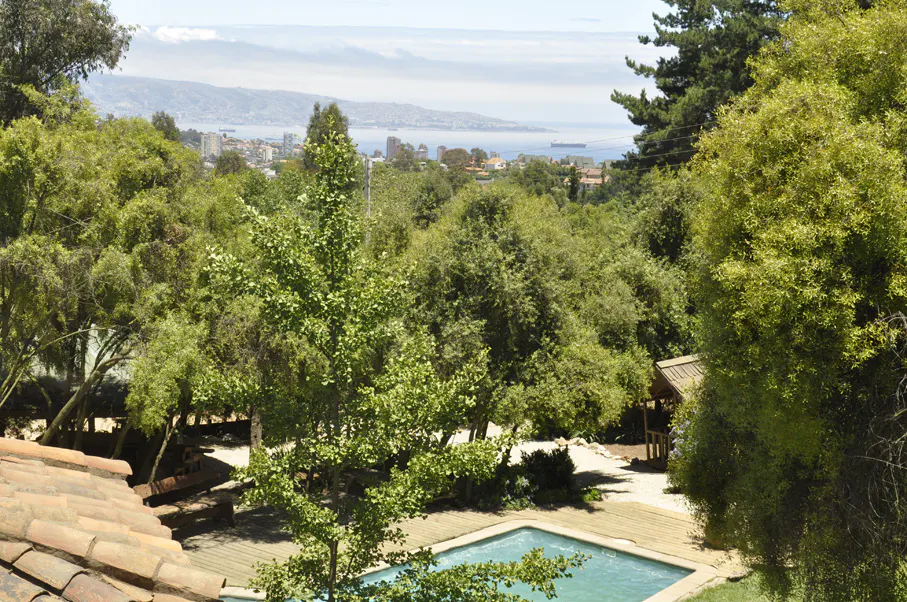 View of a turquoise pool surrounded by trees, with a city and ocean in the background. A red tile roof is visible in the foreground.