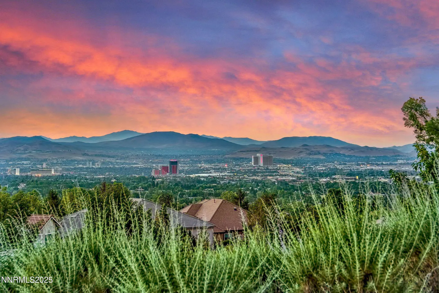 Cityscape view at sunset with mountains in the background. Houses are visible in the foreground with green bushes.