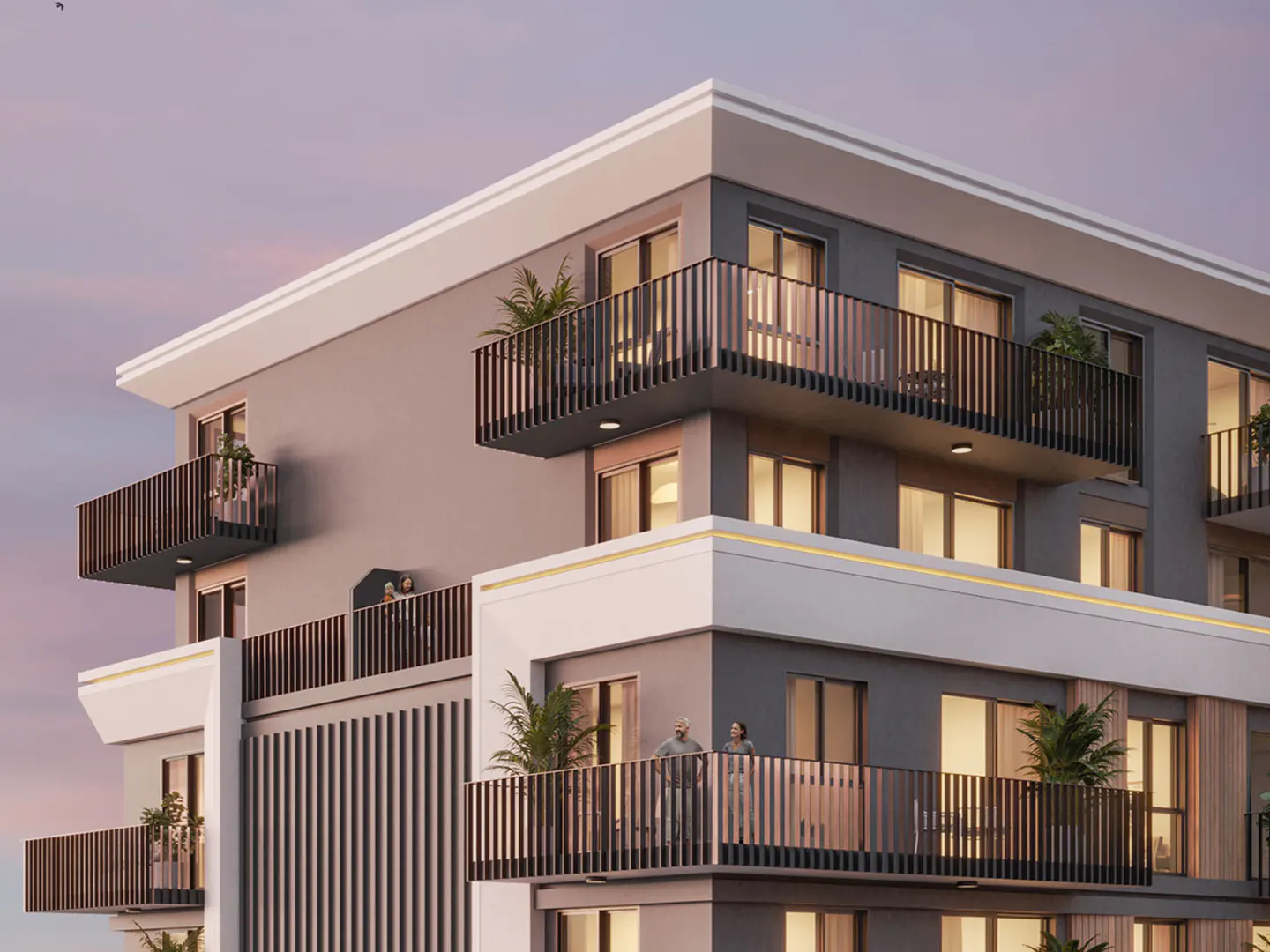 Exterior view of a modern gray apartment building with balconies and white trim at dusk. People are visible on some balconies.