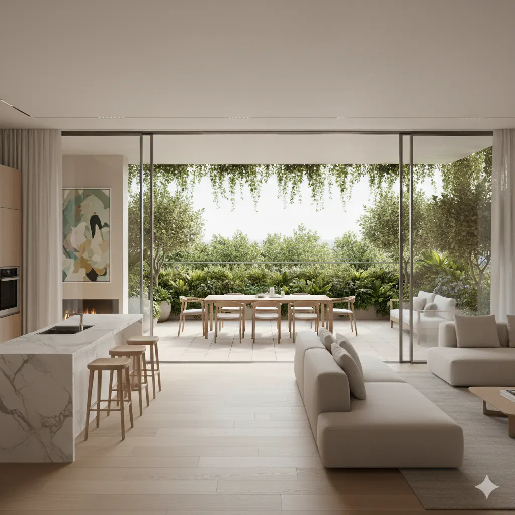 Open-concept living space with a kitchen island, dining table, and sofas, leading to a lush outdoor patio.