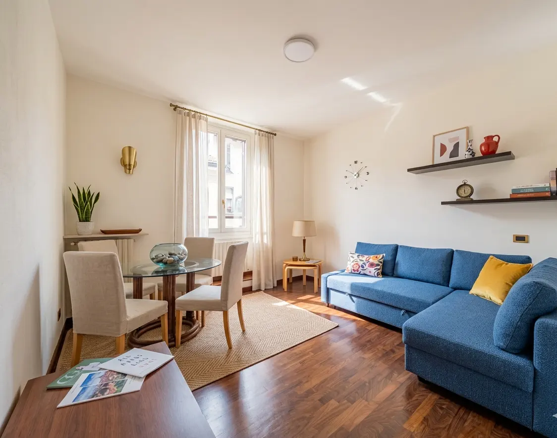 Bright living room with hardwood floors, a blue sectional sofa, and a glass-topped dining table with four chairs.