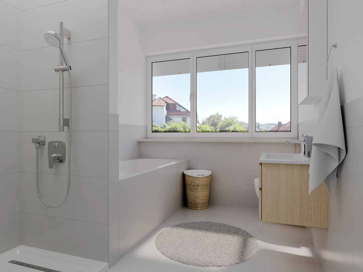 Modern bathroom with a walk-in shower, white bathtub, wooden vanity, round rug, and a large window with a neighborhood view.