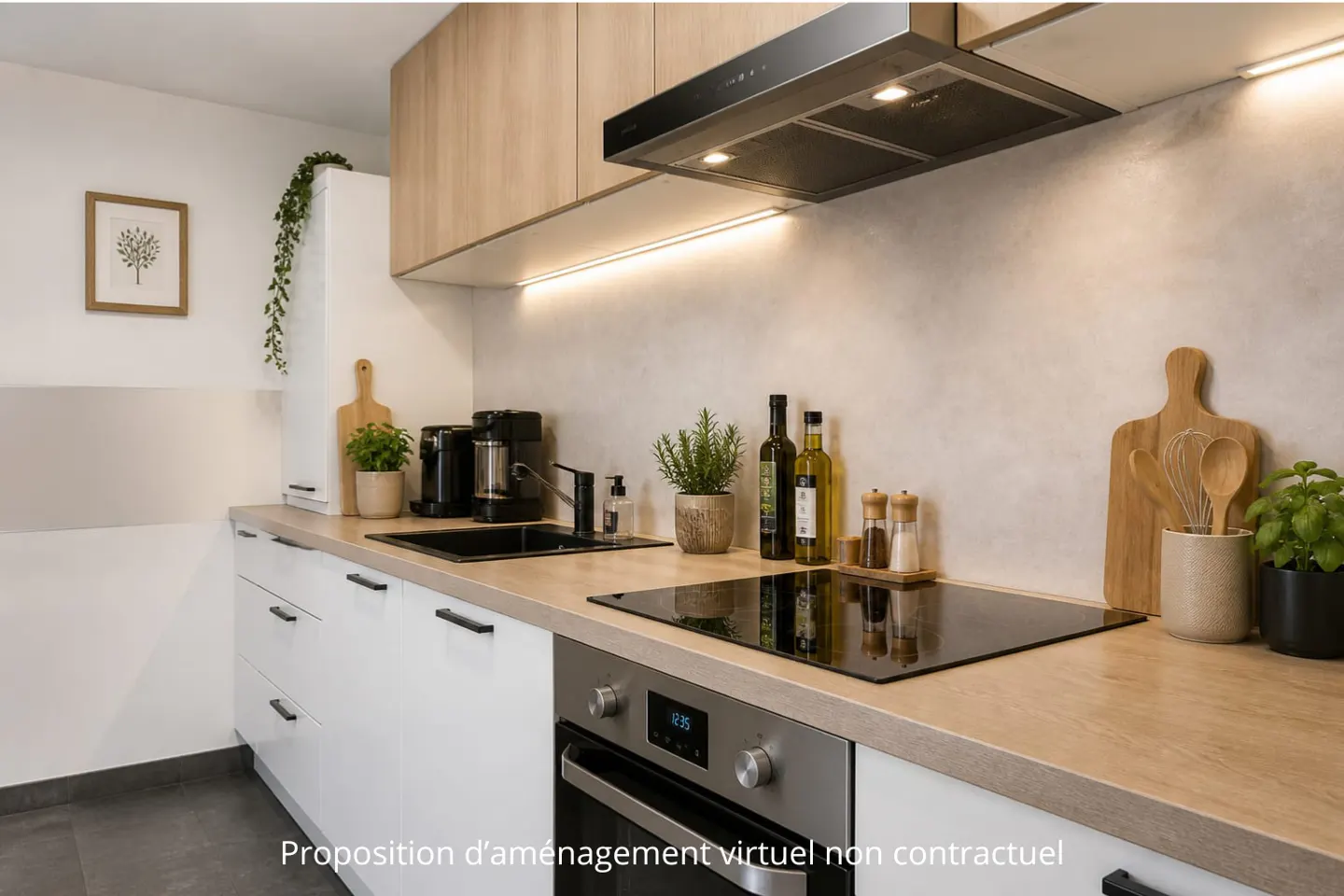 Modern kitchen with white cabinets, wood countertops, and stainless steel appliances. Plants and cooking utensils add a homey touch.