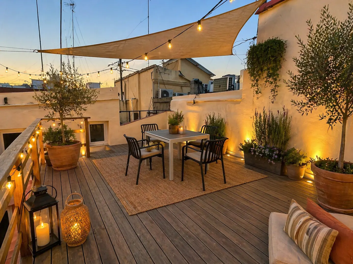 Rooftop patio with wooden deck, table, chairs, and potted plants. String lights and lanterns provide warm lighting at dusk.