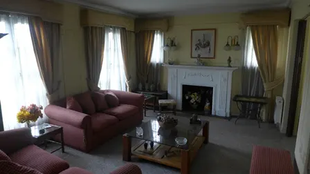Living room with red sofas, glass coffee table, white fireplace, and yellow walls with gold curtains.