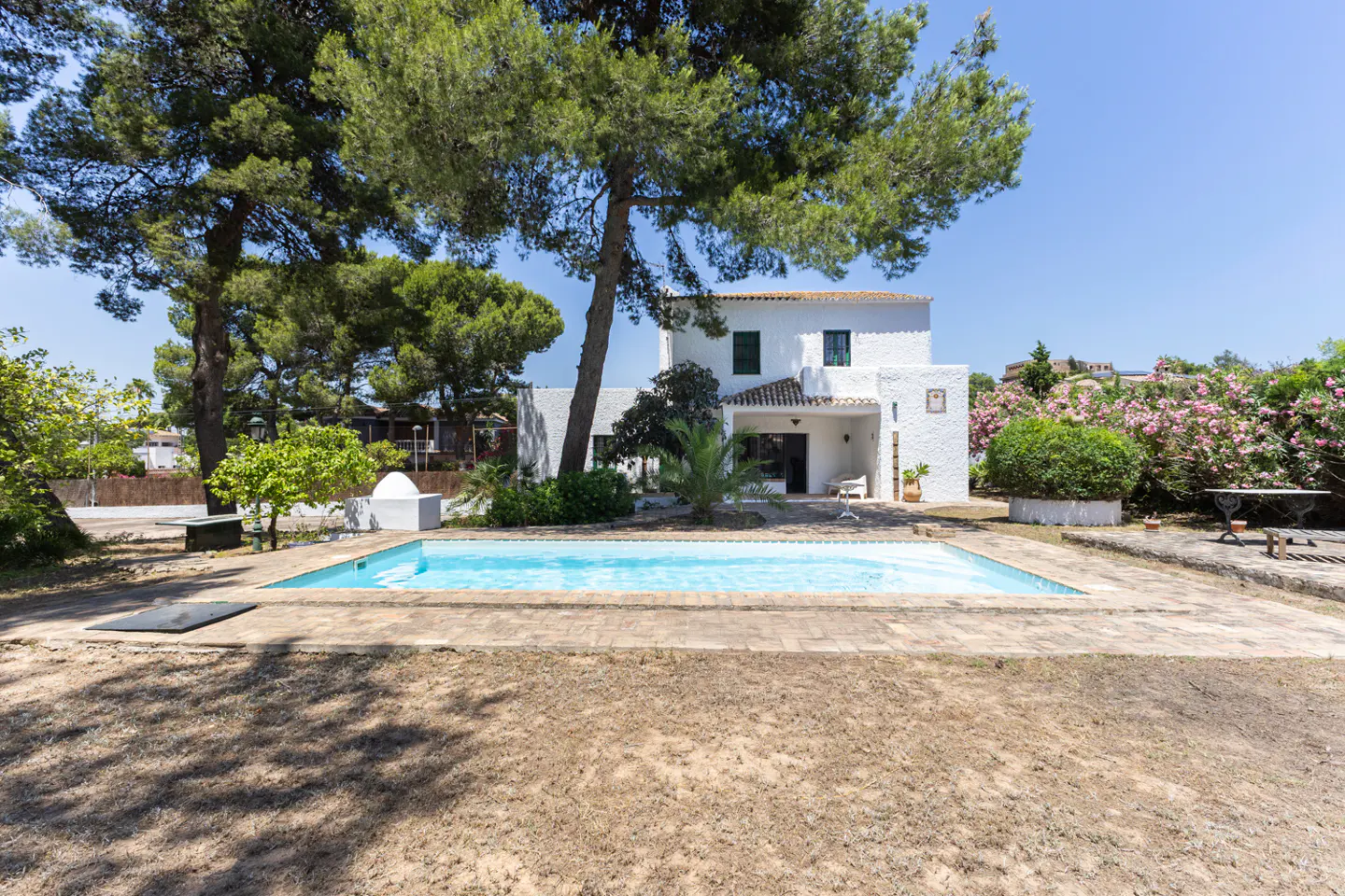 White two-story villa with a swimming pool, surrounded by pine trees and blooming pink oleander bushes under a blue sky.