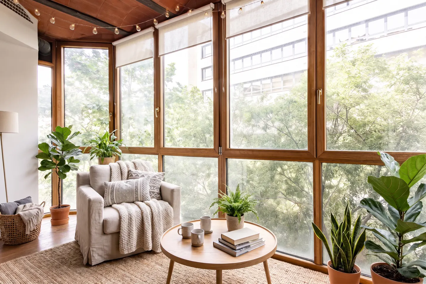 Cozy sunroom with a beige armchair, throw blanket, pillows, and a round table with books and mugs, plants, and large windows.
