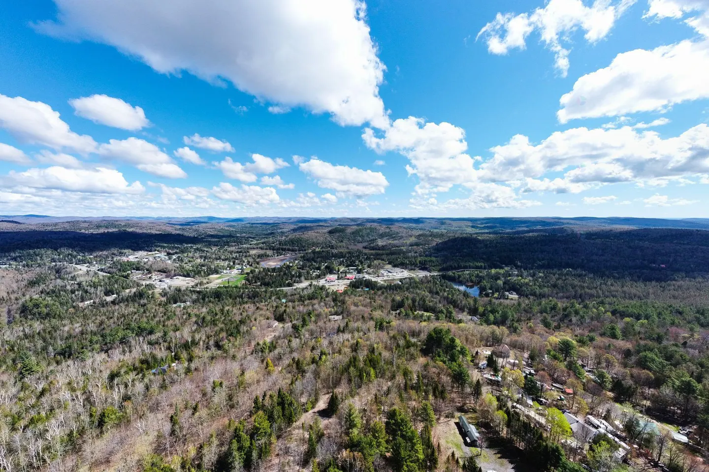Aerial view of a wooded landscape with a small town, under a blue sky with scattered white clouds.