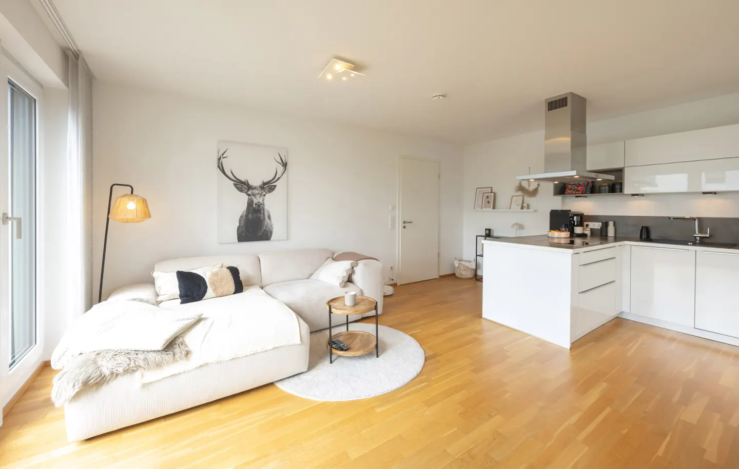 Bright apartment interior with wood floors, white walls, and open kitchen. A white couch sits near a window and a black and white deer print.