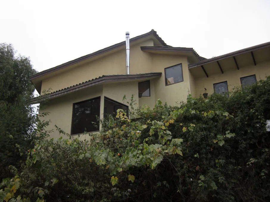 Tan house with a metal chimney and dark-framed windows, partially obscured by green foliage.