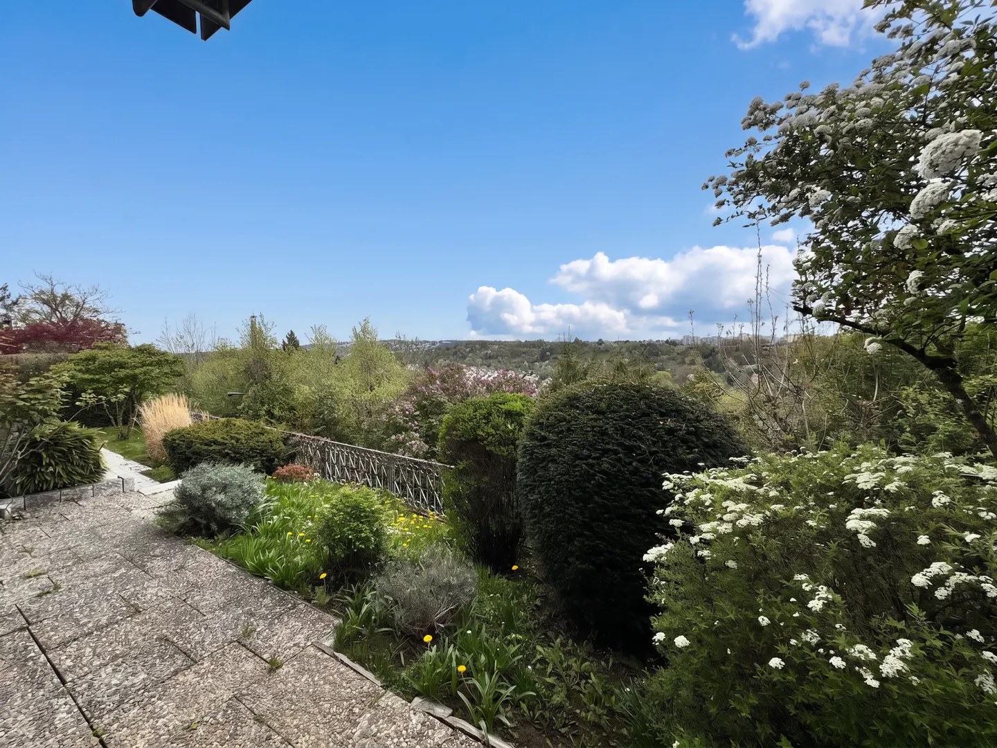 A stone patio overlooks a lush garden with green bushes, trees, and white flowers under a blue sky with white clouds.