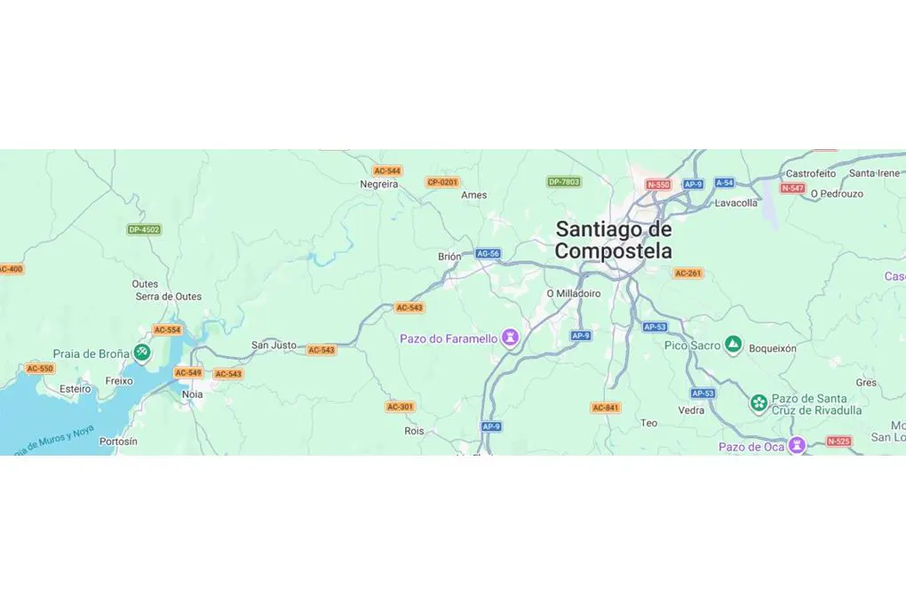 Map view of Santiago de Compostela, Spain, and surrounding areas. Roads, towns, and bodies of water are labeled.