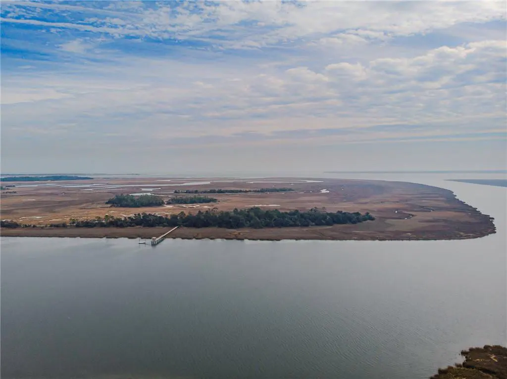 Aerial view of a marshy island with a long dock extending into the water under a cloudy sky.
